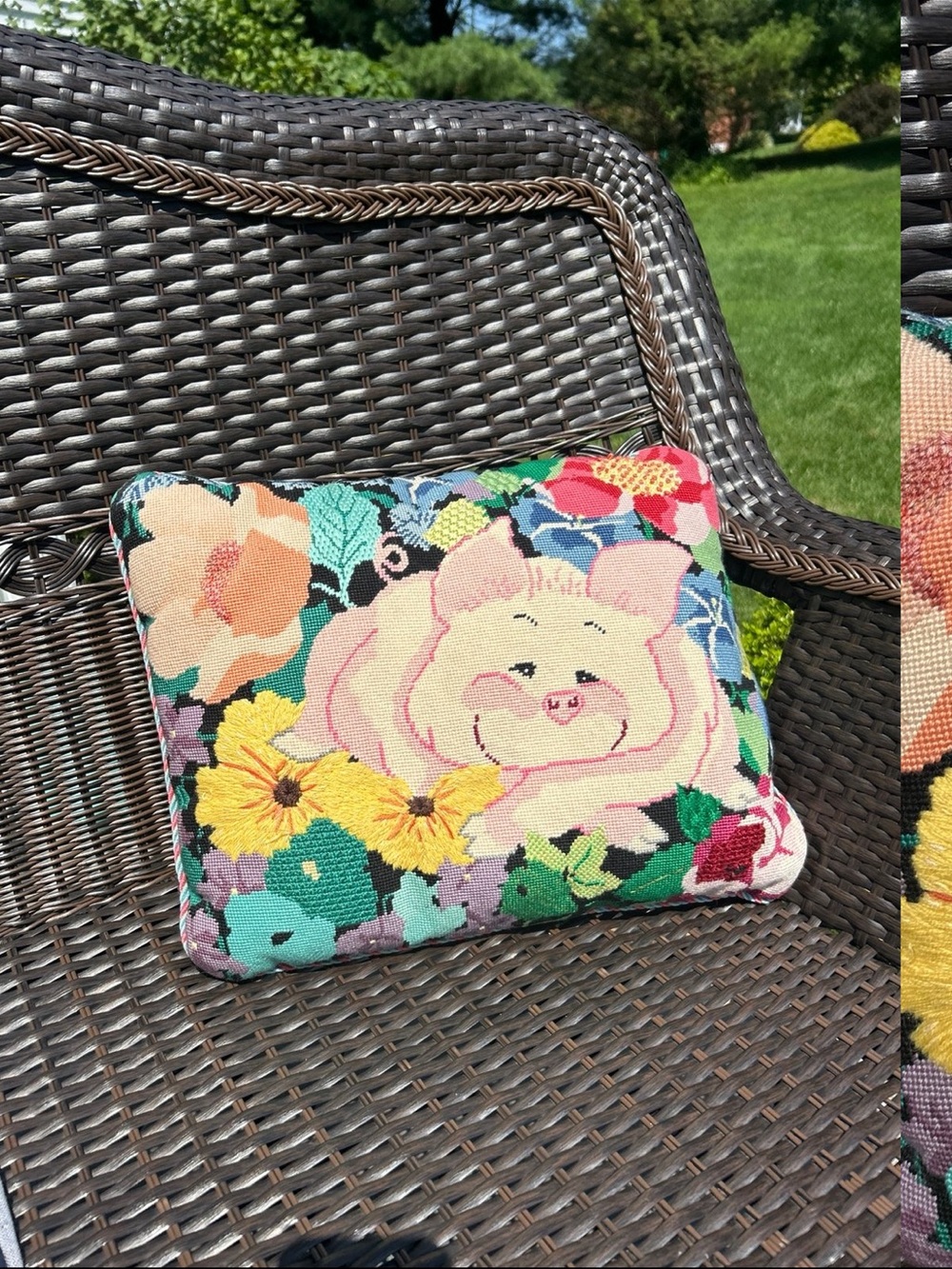 Decorative Pig Floral Needlepoint Pillow - Pink & Multicolor